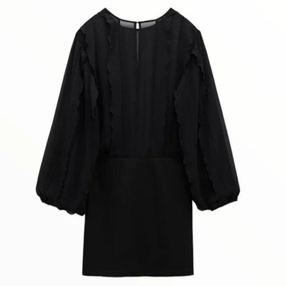NWOT ZARA Chiffon Ruffled Black Mini Dress Long Sleeve Round‎ Neck Size XS